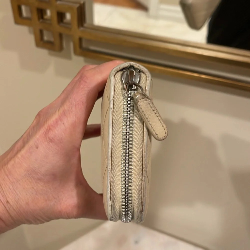 Chanel beige quilted lambskin zip around wallet
